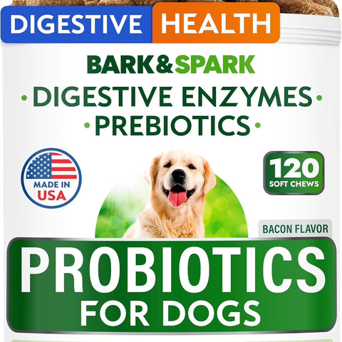 Probiotics for Dogs & Digestive Enzymes (Gut Health) Allergy & Itchy Skin - Pet Diarrhea Gas Treatment Upset Stomach Relief Pill, Digestion Health Prebiotic Supplement (120 Count, Bacon)